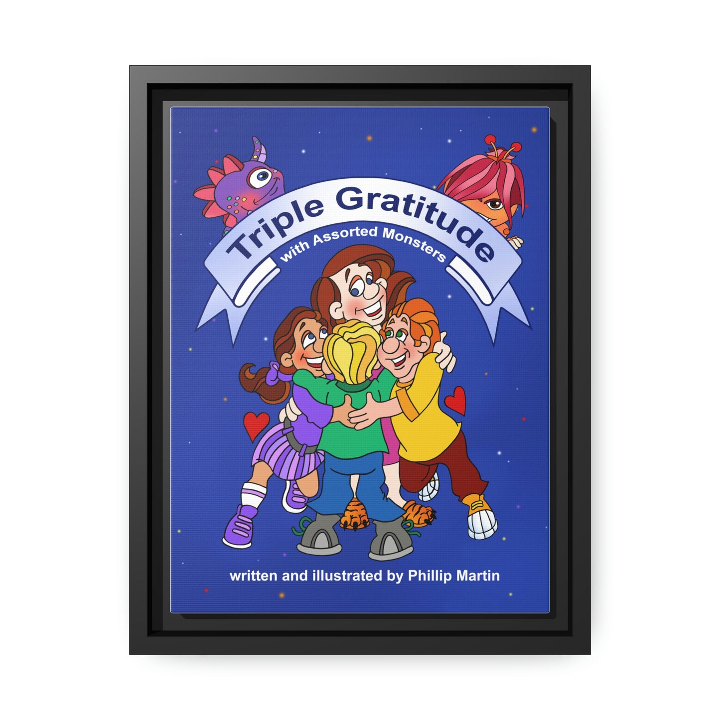 Triple Gratitude with Assorted Monsters Matte Canvas, Black Frame