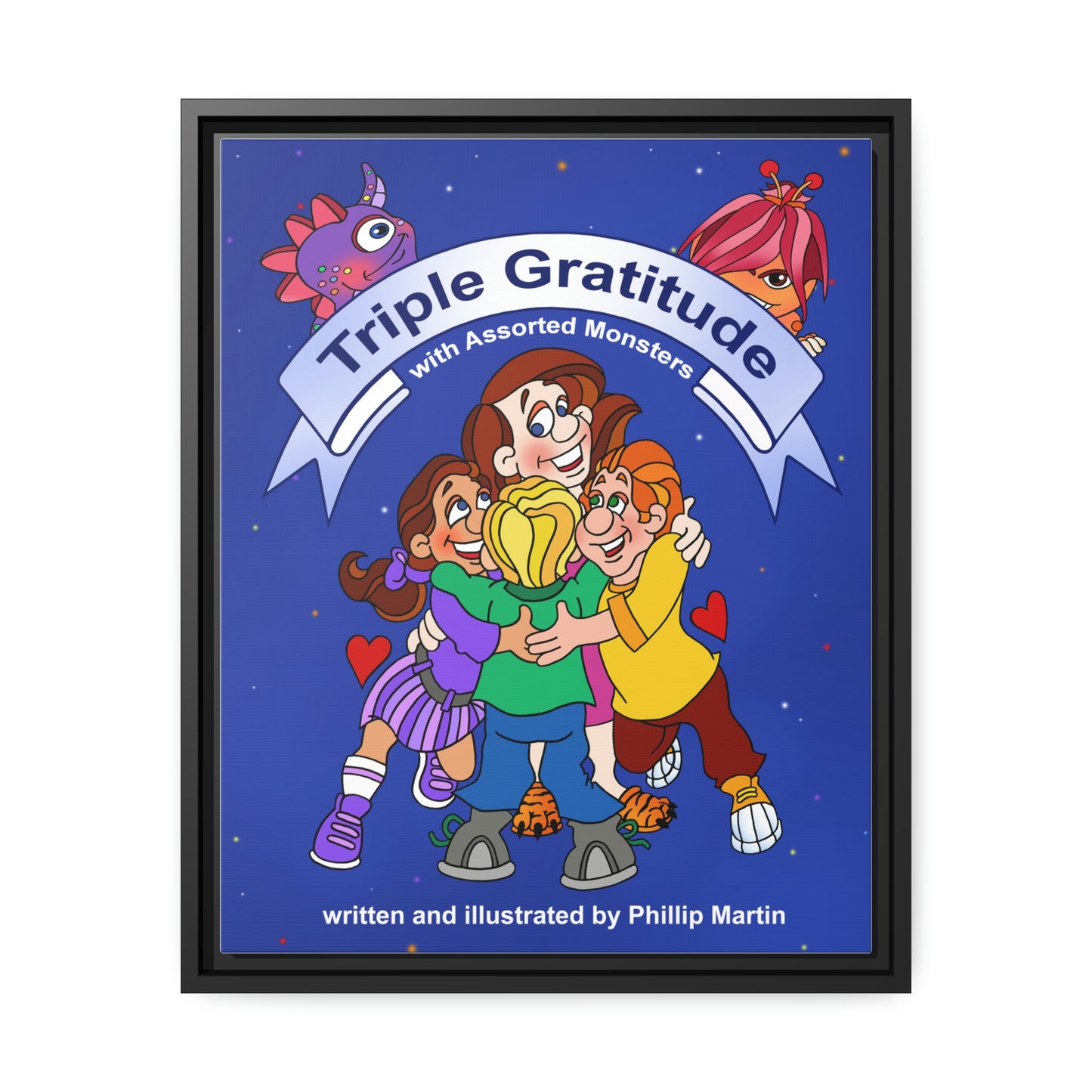 Triple Gratitude with Assorted Monsters Matte Canvas, Black Frame