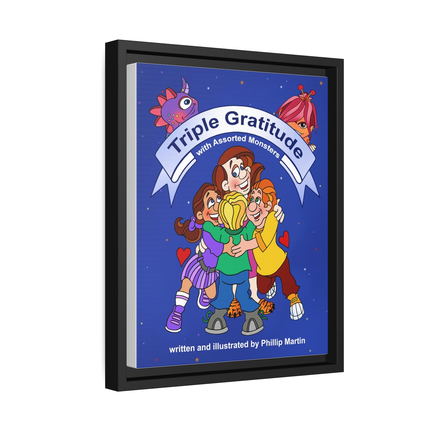 Triple Gratitude with Assorted Monsters Matte Canvas, Black Frame
