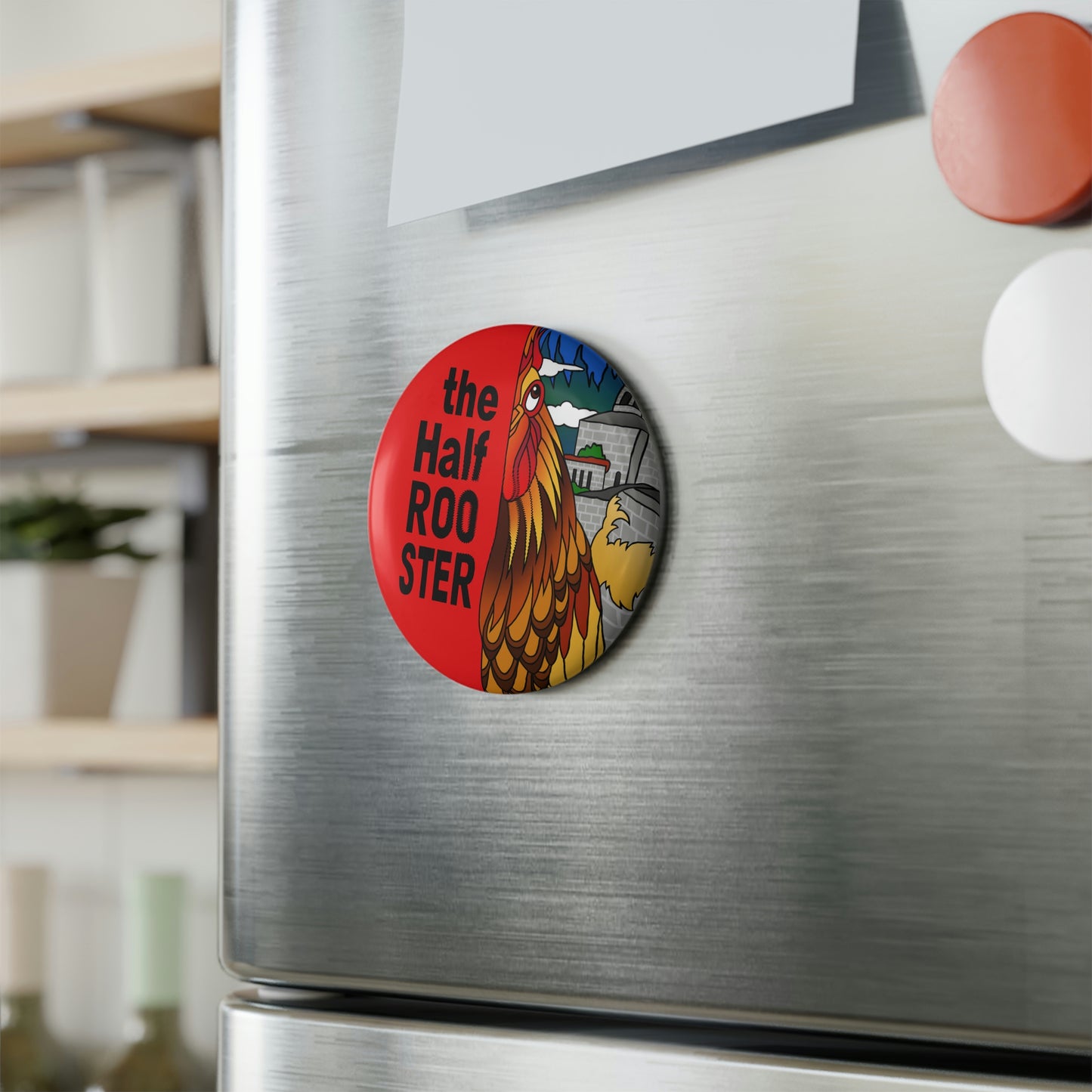 The Half Rooster Button Magnet, Round (1 & 10 pcs)