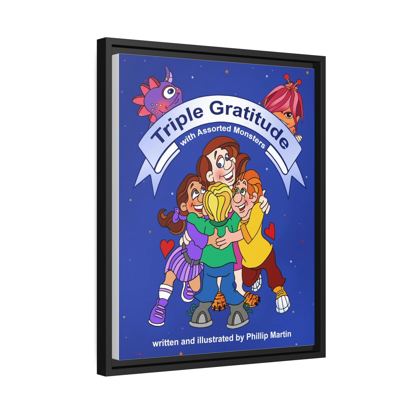 Triple Gratitude with Assorted Monsters Matte Canvas, Black Frame