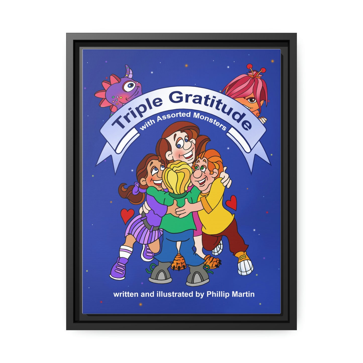Triple Gratitude with Assorted Monsters Matte Canvas, Black Frame