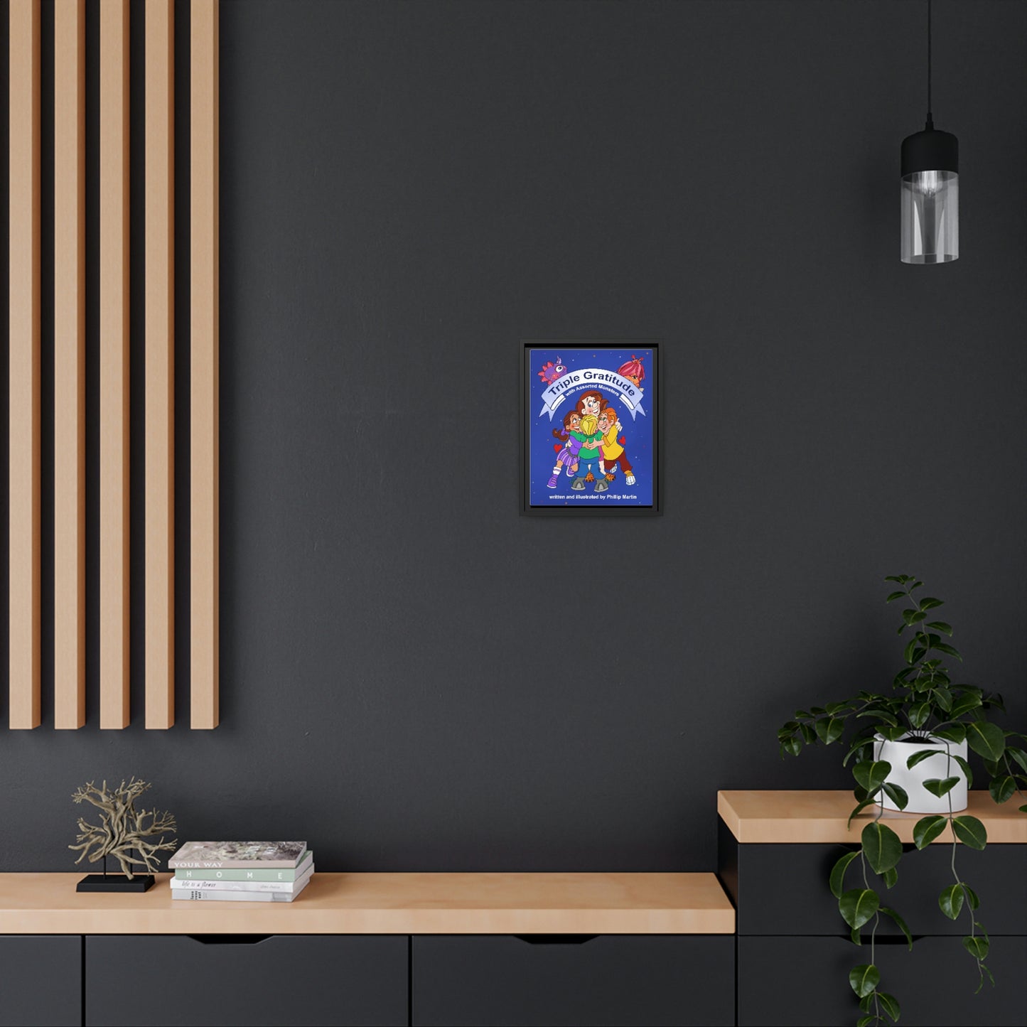 Triple Gratitude with Assorted Monsters Matte Canvas, Black Frame