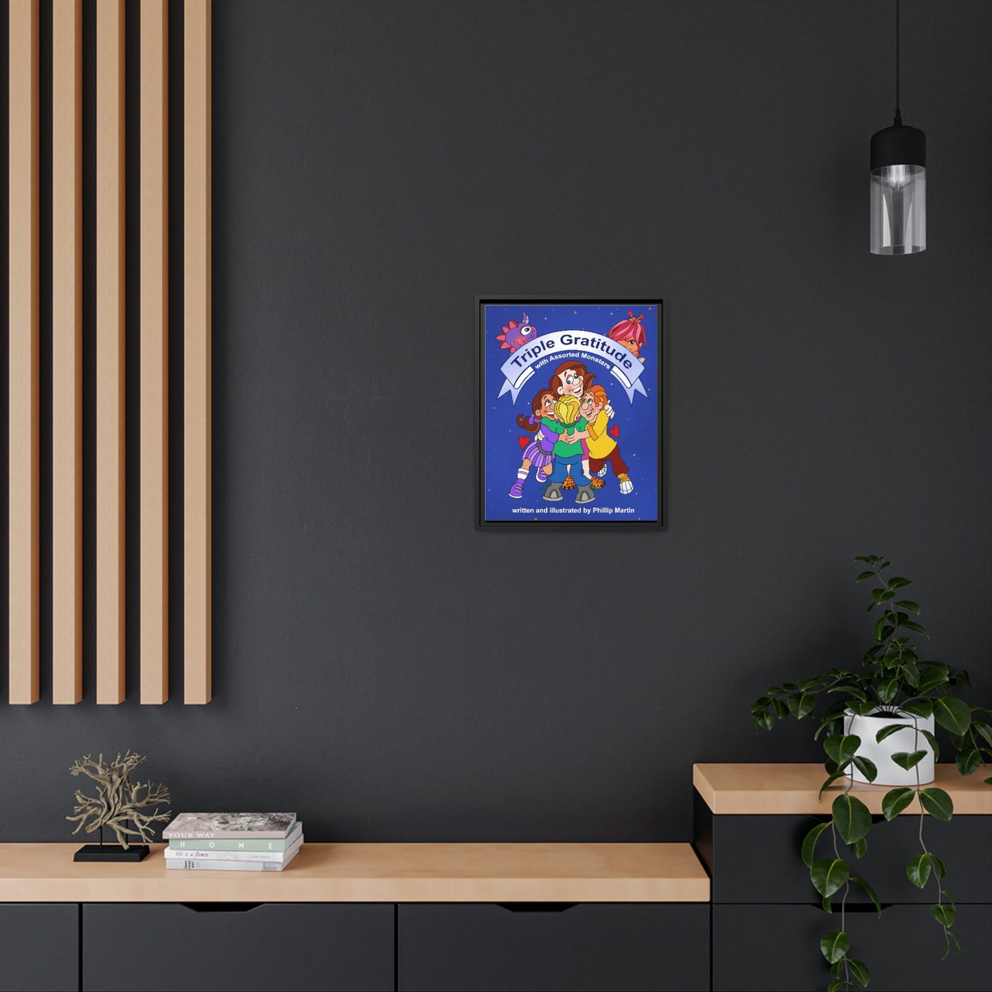 Triple Gratitude with Assorted Monsters Matte Canvas, Black Frame