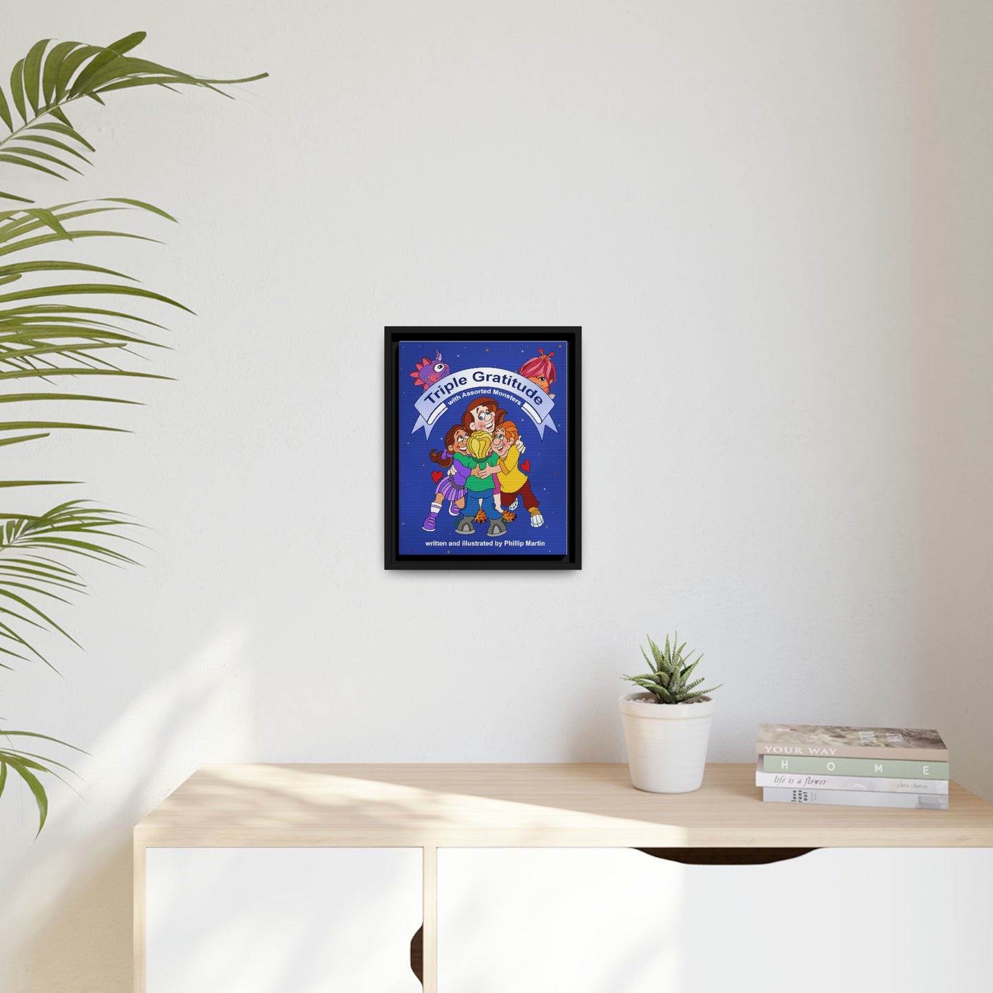 Triple Gratitude with Assorted Monsters Matte Canvas, Black Frame