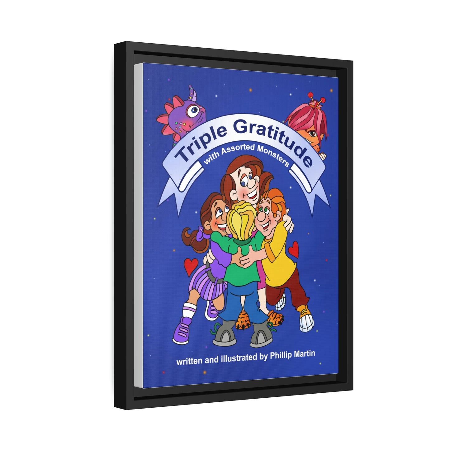 Triple Gratitude with Assorted Monsters Matte Canvas, Black Frame