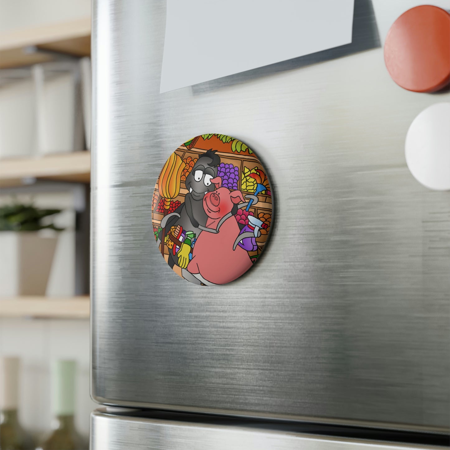 Anansi and the Market Pig Button Magnet, Round (1 & 10 pcs)