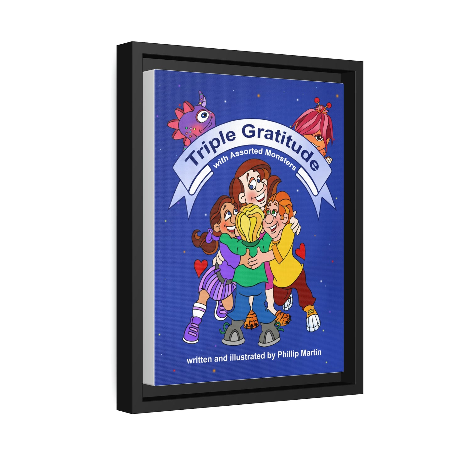 Triple Gratitude with Assorted Monsters Matte Canvas, Black Frame
