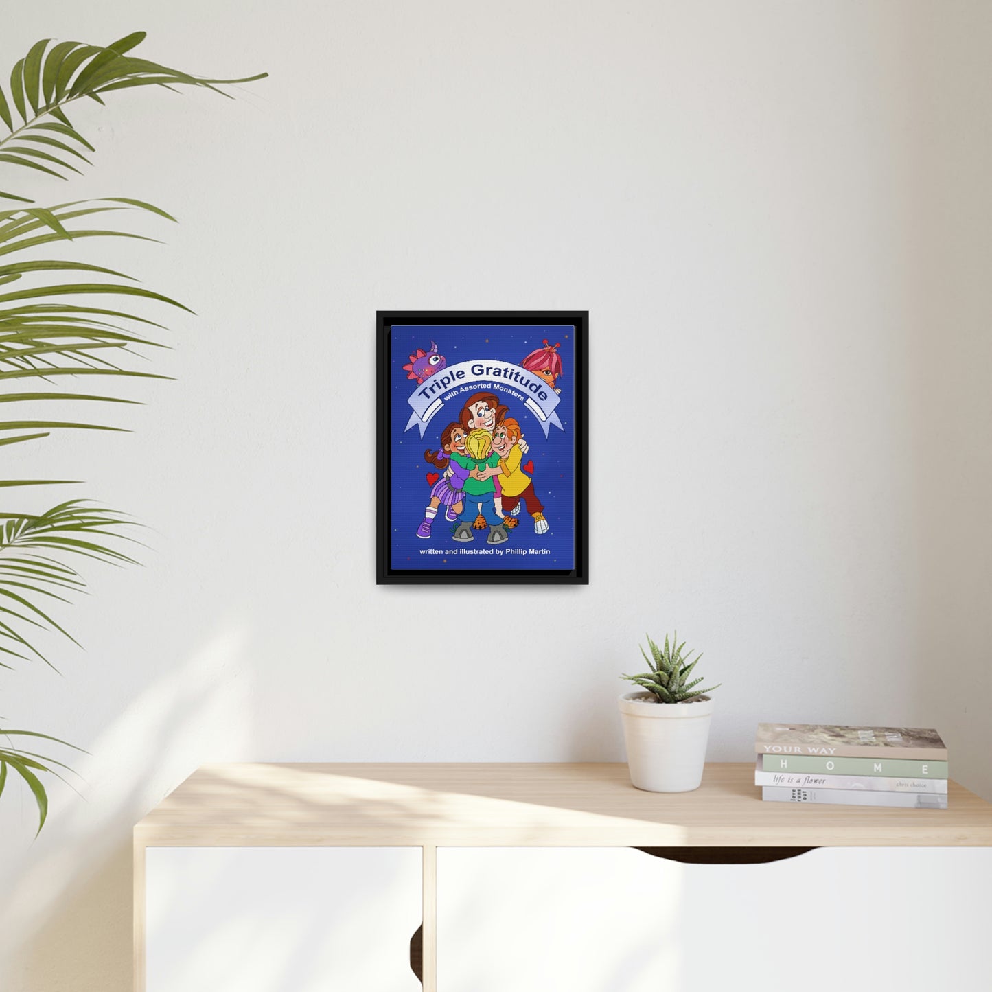 Triple Gratitude with Assorted Monsters Matte Canvas, Black Frame