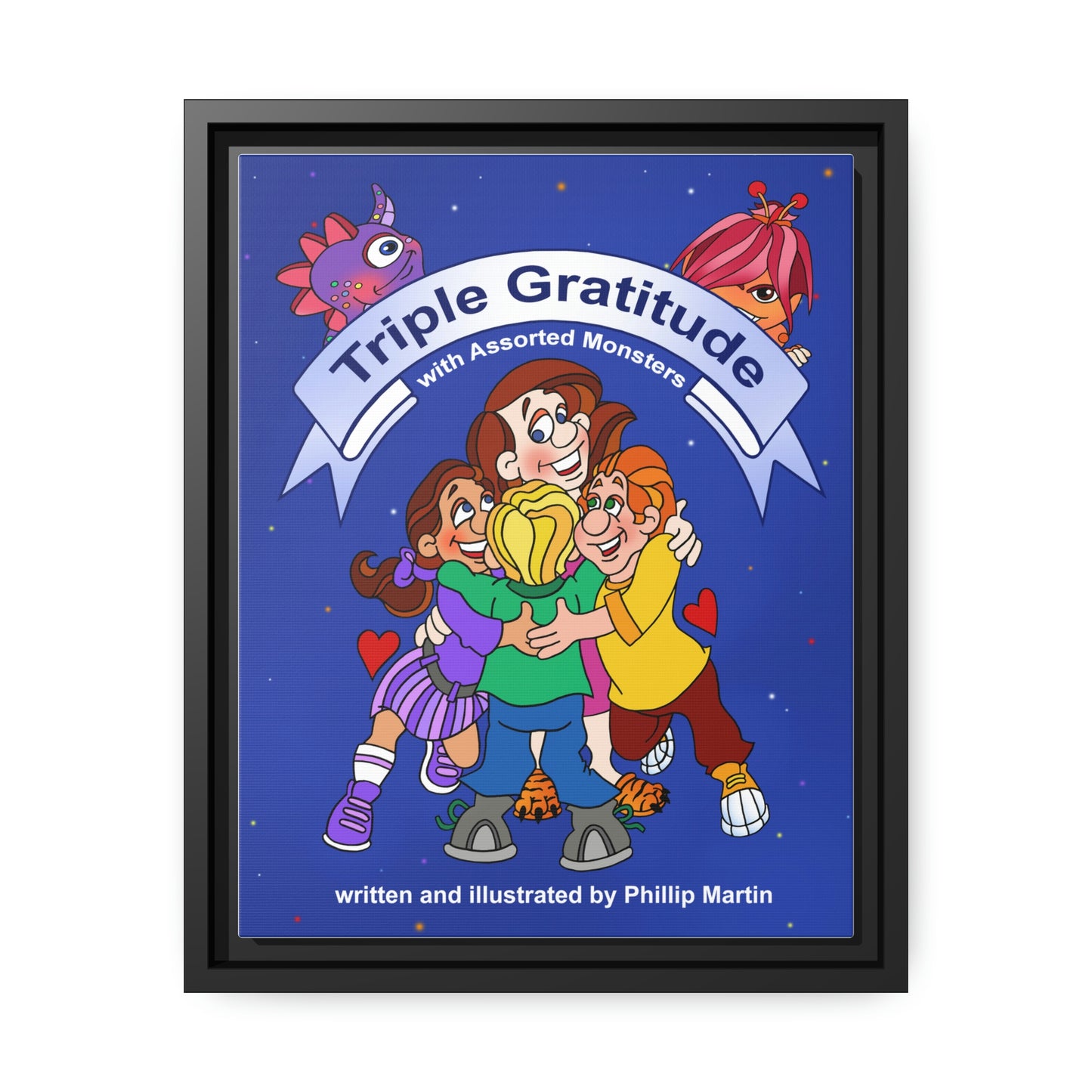 Triple Gratitude with Assorted Monsters Matte Canvas, Black Frame