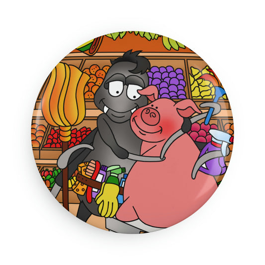 Anansi and the Market Pig Button Magnet, Round (1 & 10 pcs)