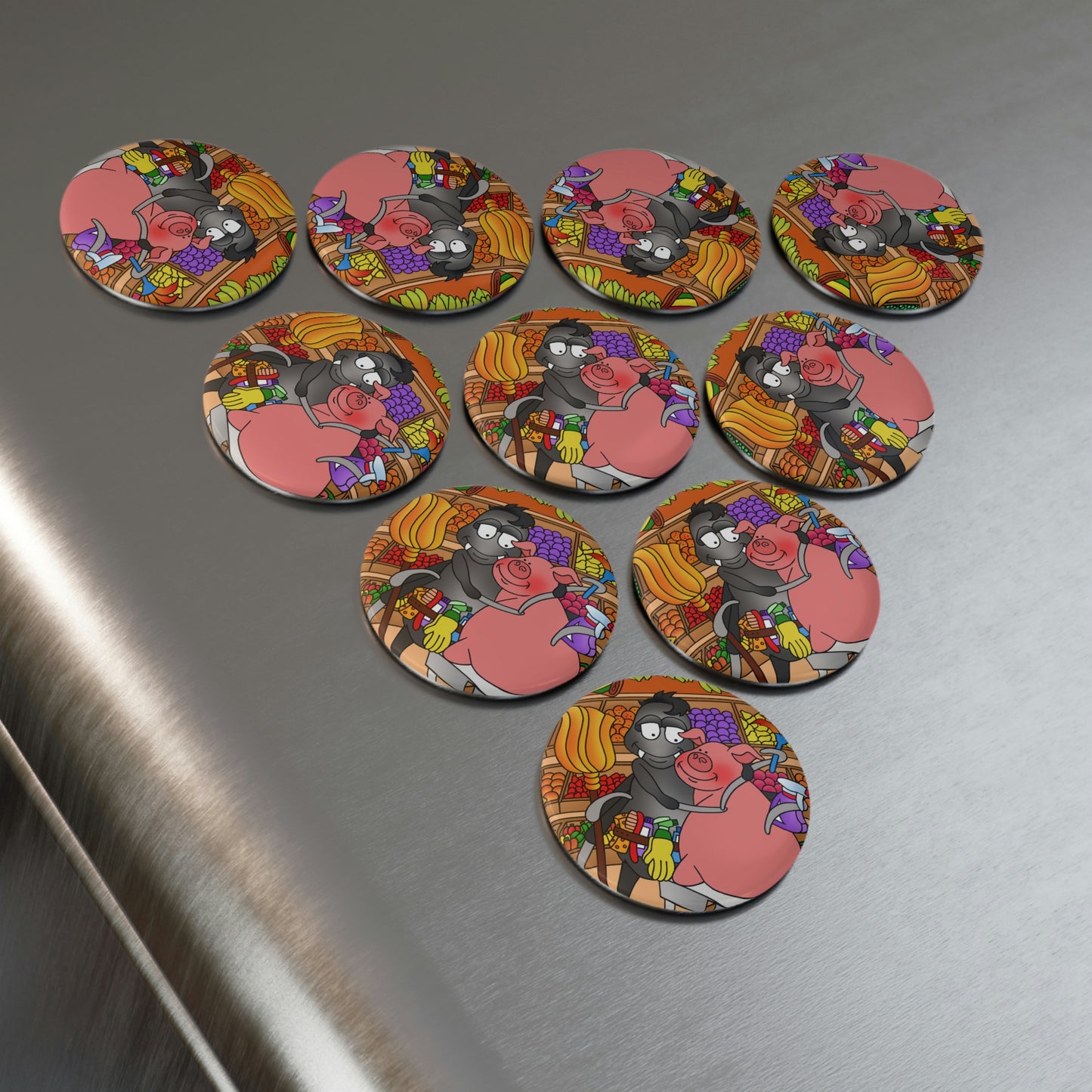 Anansi and the Market Pig Button Magnet, Round (1 & 10 pcs)